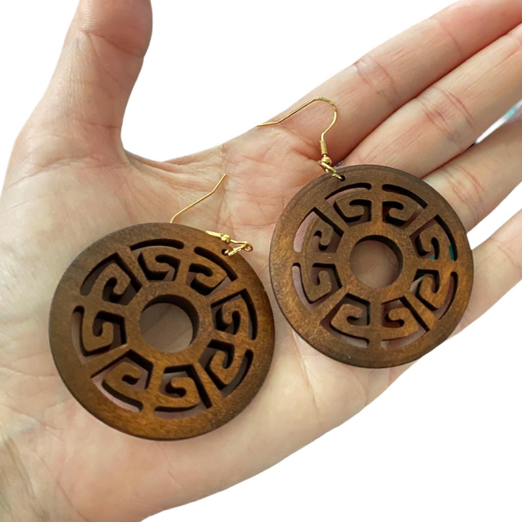 Wood Bohemian Circle Laser Cut Brown Drop Down Ethnic Fashion Earrings Carved